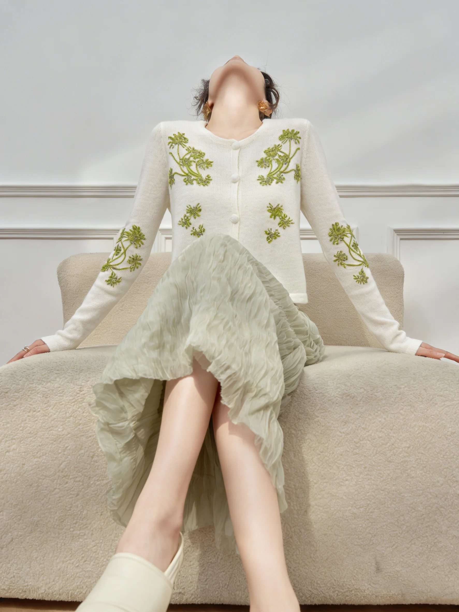 

White Hooked Flower Top Green Skirt Women's Fashion Set Spring Summer Casual Loose Fit High Waist round Neck Button up