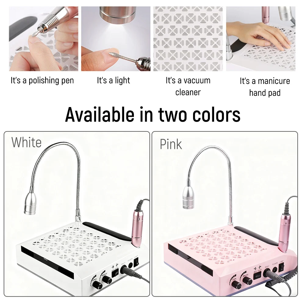 Aspirapolvere per manicure professionale 80W 4 IN 1 con lucidatore e lampada Forte aspirazione Illuminazione Trapano per unghie Collettore di polveri per unghie