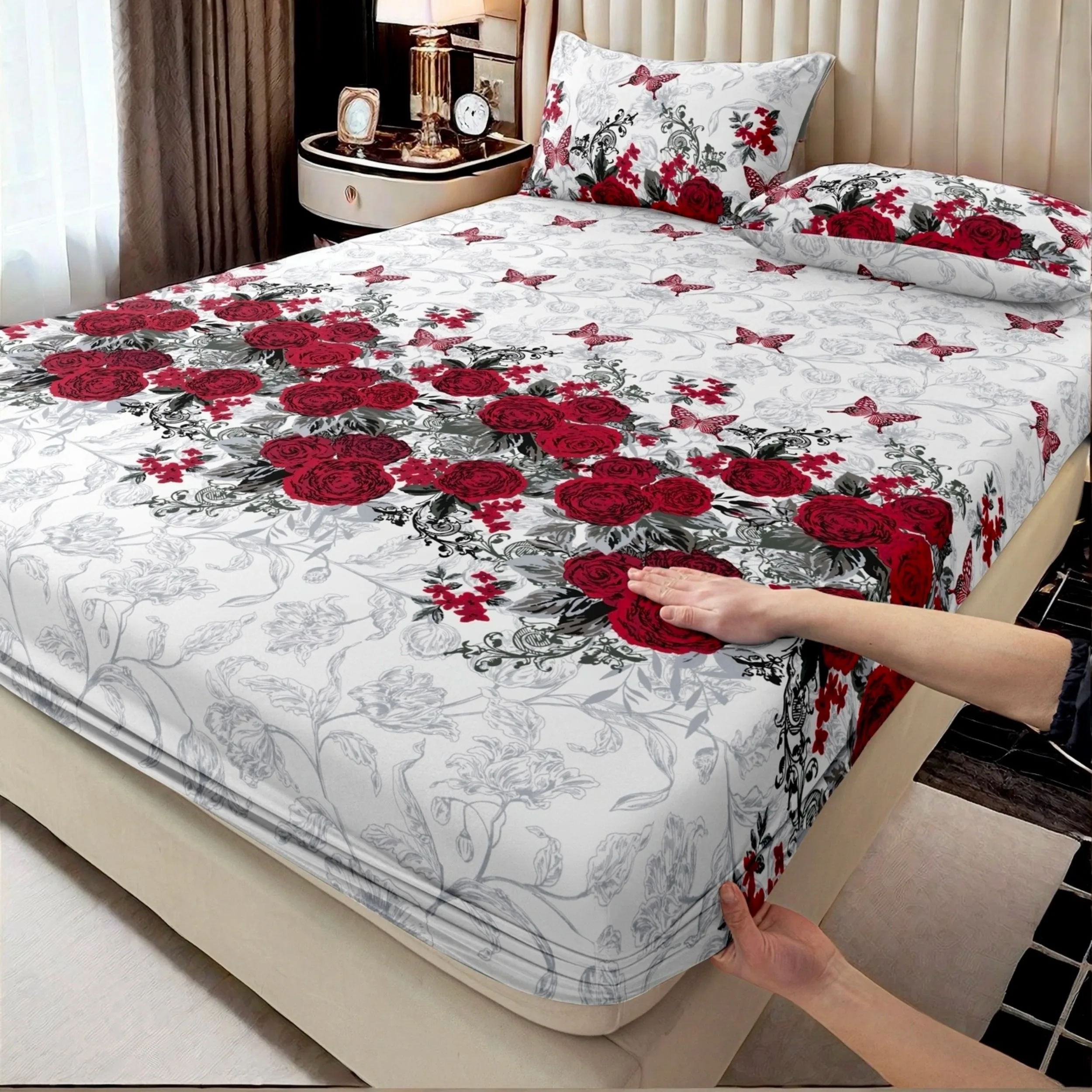 Fitted Sheet Deep - Red Small Butterfly + Red Rose