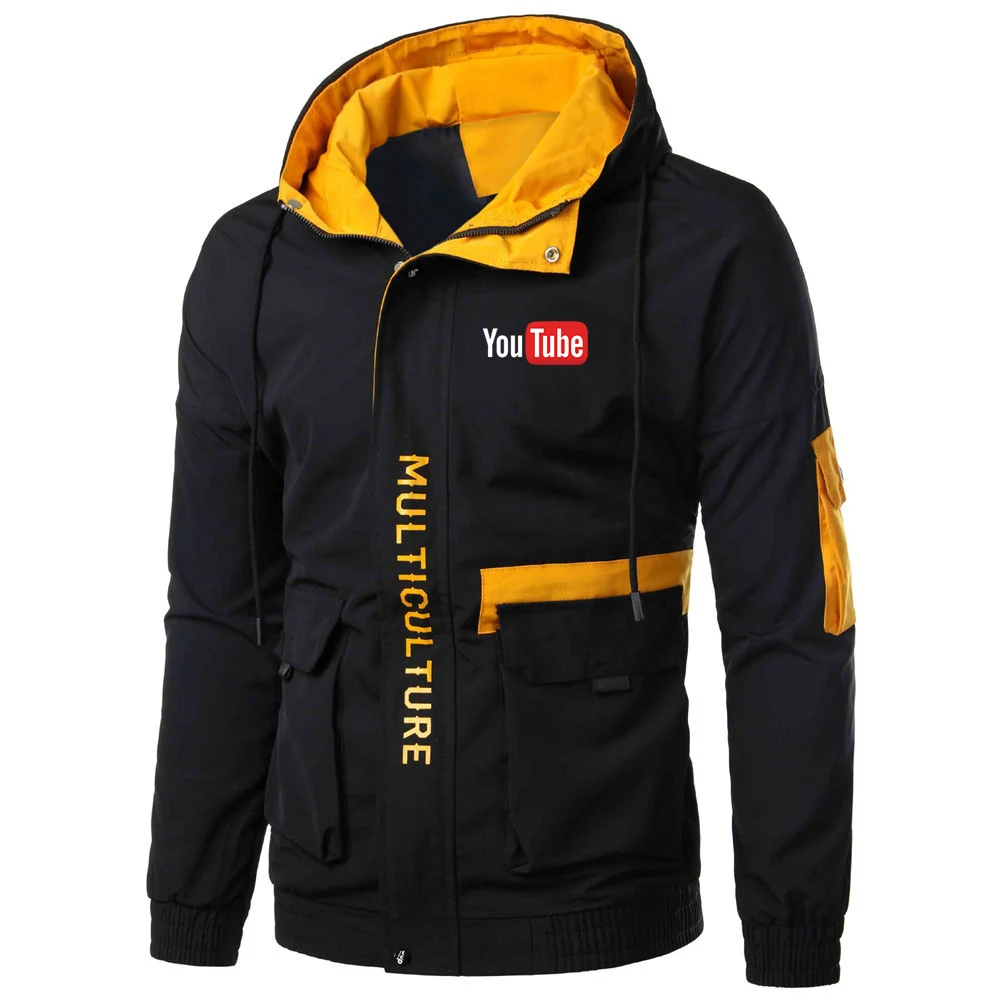 YouTube 2023 Men's New High Quality Windbreaker Waterproof Hooded Zipper Hoodies Coats Harajuku Jacket Autumn Casual Outwear Top