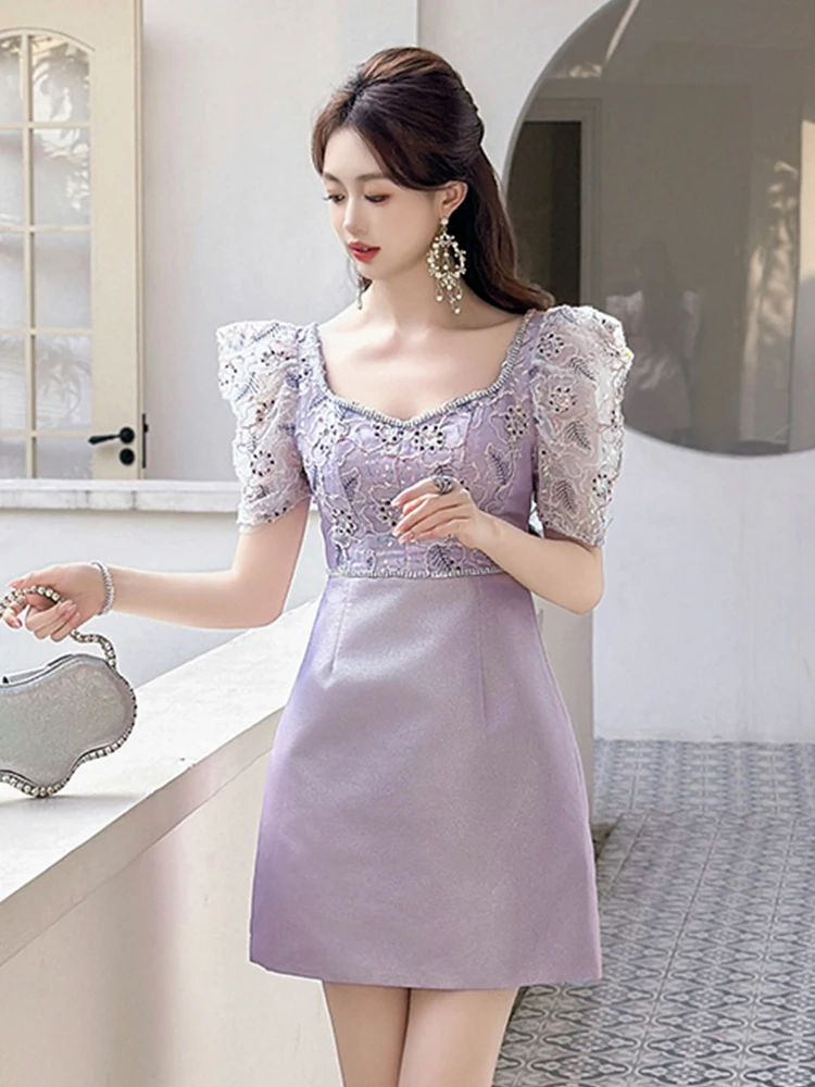 Elegant Luxury Purple Glitter Birthday Dress Women Sweet Retro Puff Sleeve Slim Short Party Club Vestidos Fiesta Street Clothes