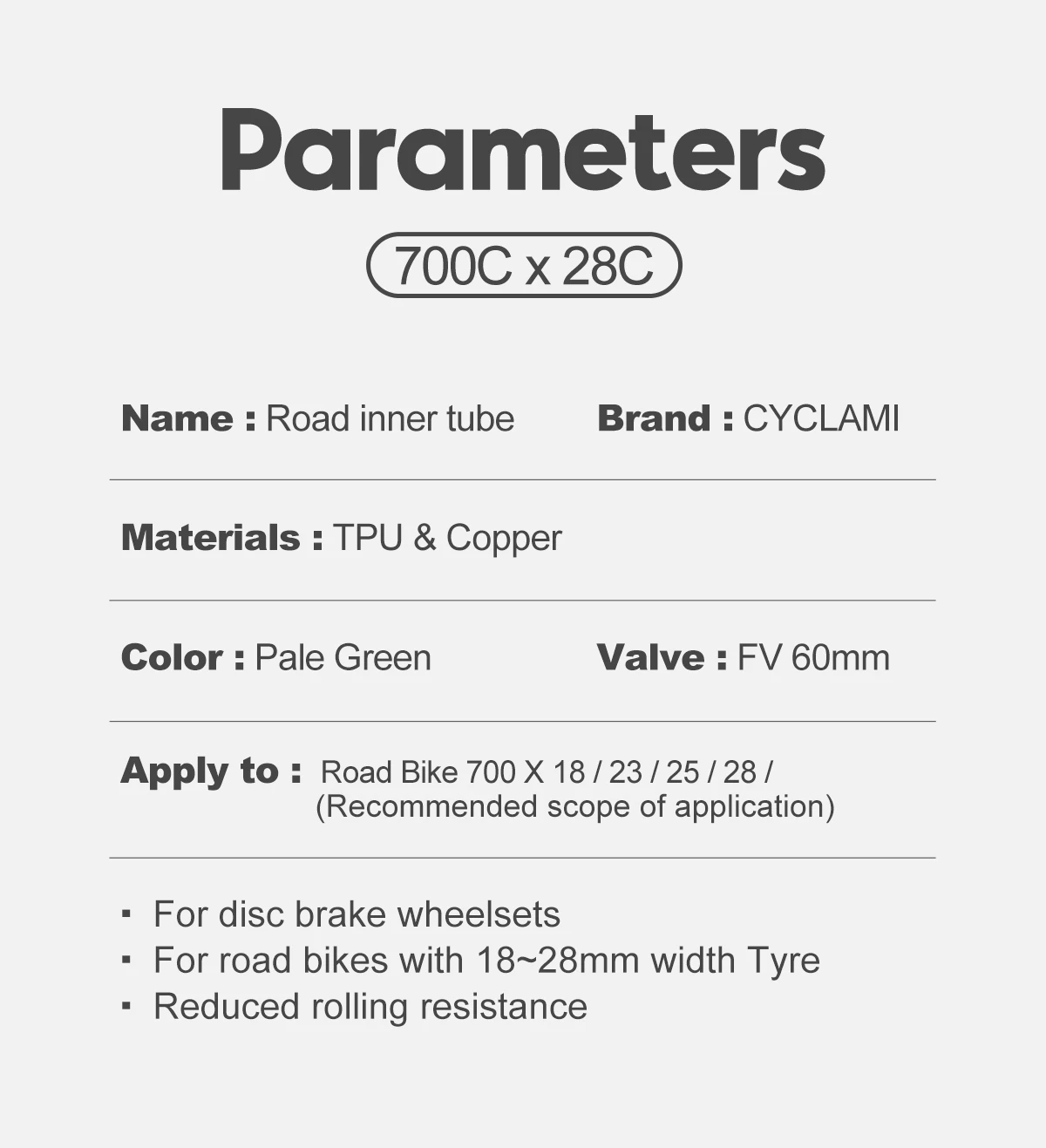 Ausverkauf CYCLAMI 26g Fahrradschlauch 45mm Metallventil Französisches Presta-Ventil TPU 700 18 23 25 28 700C Rennradreifen – Detail 3