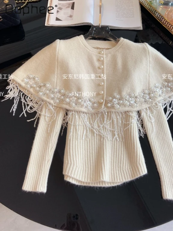 

Soft Off-White Tassel Sequin Sweater Two-Piece Set Women French Style Elegant Socialite Heavy Embellished Shawl Cape Knitted Top