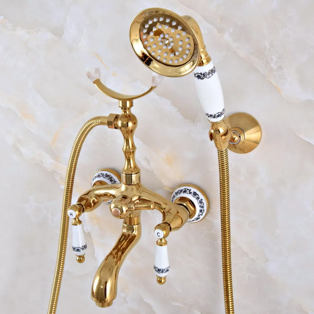 Luxury Gold Color Brass Wall Mounted Bathroom Bath Tub Faucet Set with 1500MM Hand Held Shower Spray Mixer Tap 2na960