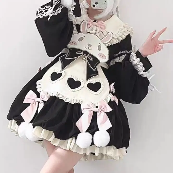 Kawaii Lolita OP Dress Women Sweet Ruffles Cartoon Rabbit Print Party Mini Dresses Girls Victorian Gothic Bow Princess Dress