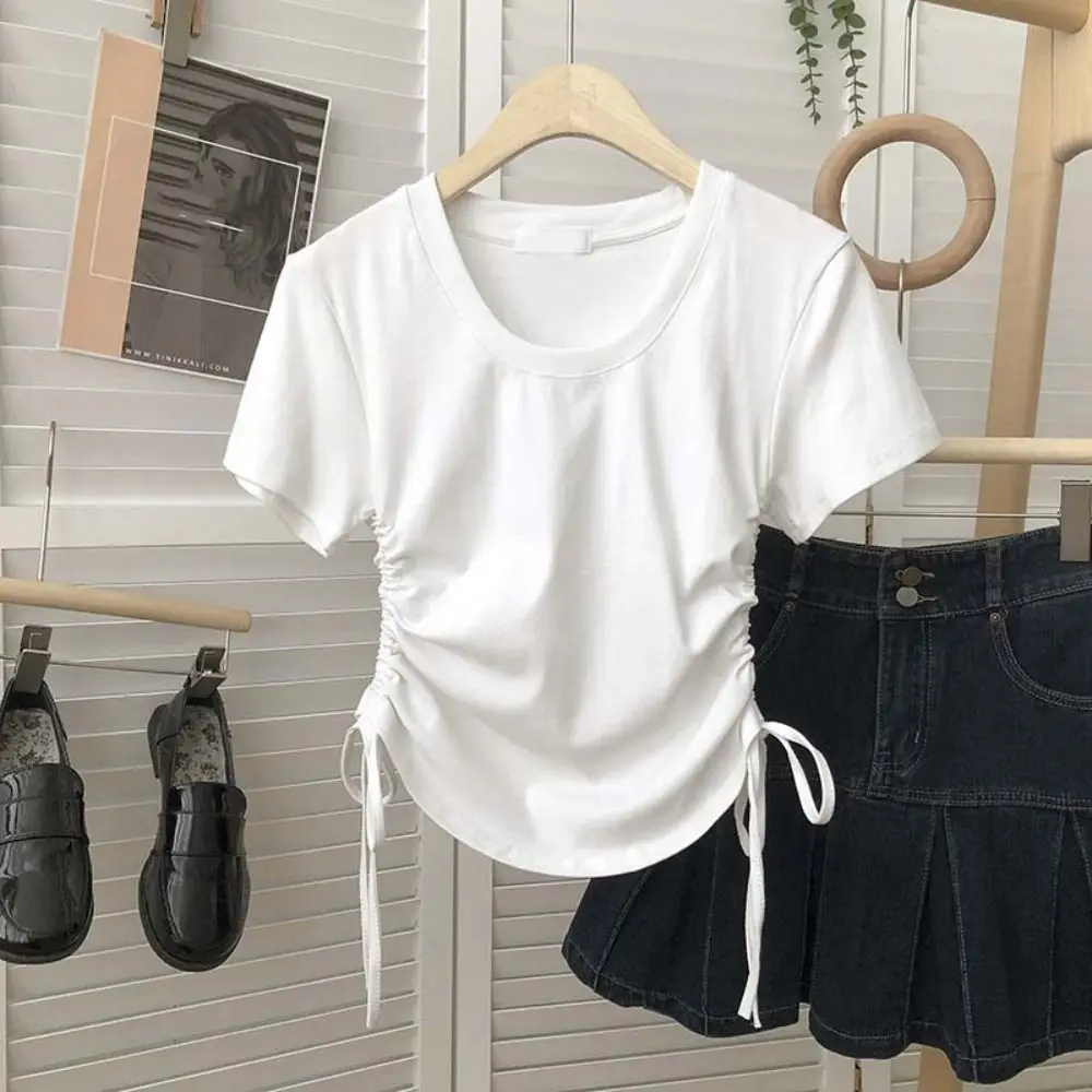 Pullover Drawstring Short-Sleeved T-Shirt Solid Color Ins Style Square Neck Basic Tees Shirt Casual Short Blouse Y2k