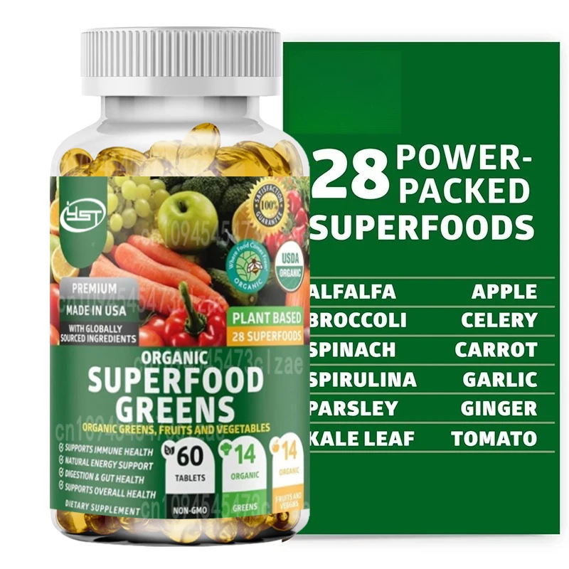 Organic Superfood Greens Natural Superfood Green Capsules, Fruit and Vegetable Supplements, Contains Alfalfa and Ginger