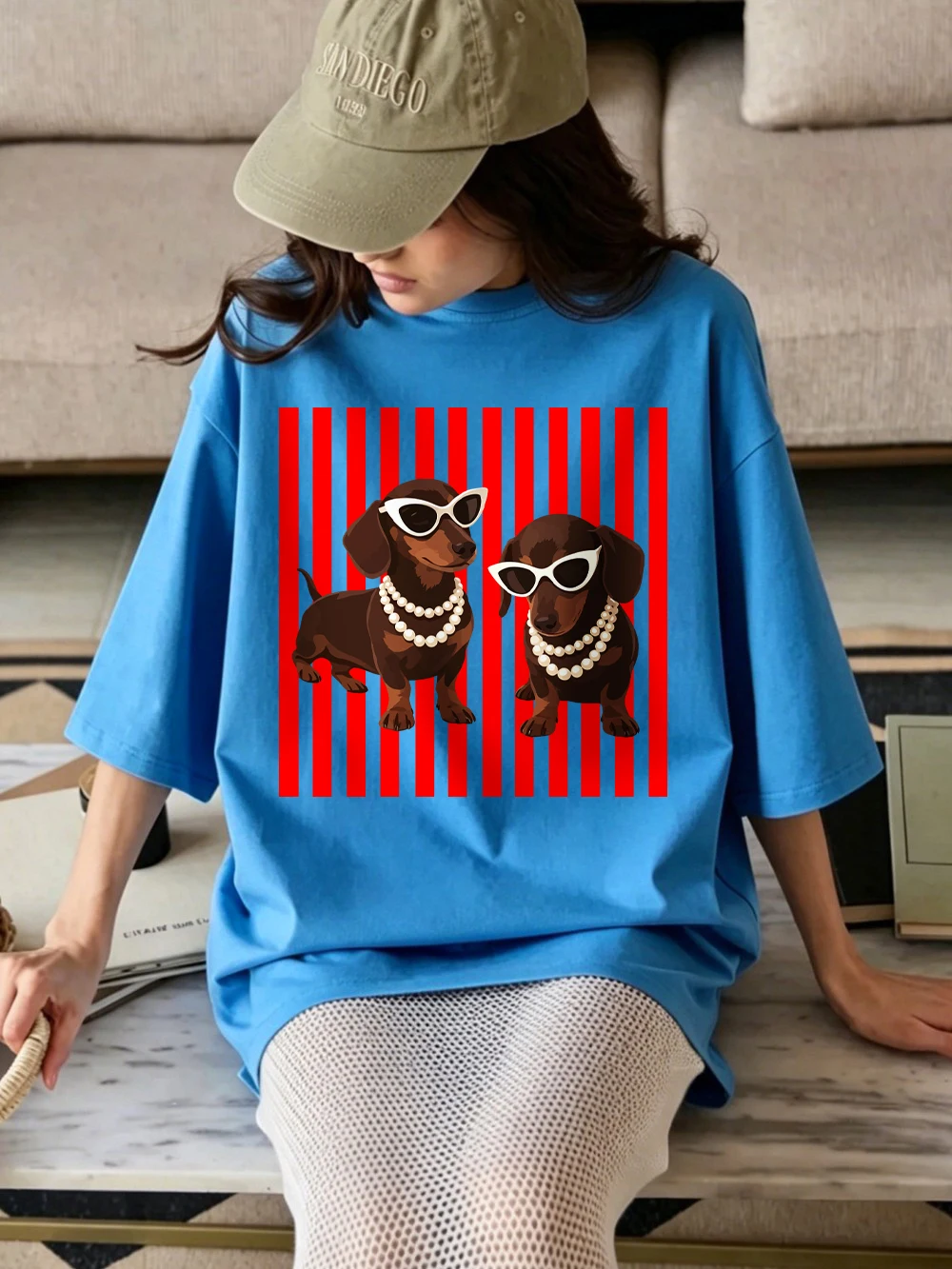 Pearl Dachshund Hundemotiv T-Shirts Baumwolle Damen Sommer Kurzarm T-Shirt Lässige Weiche Oversized Tops Basic O-Ausschnitt Kleidung – Detail 27