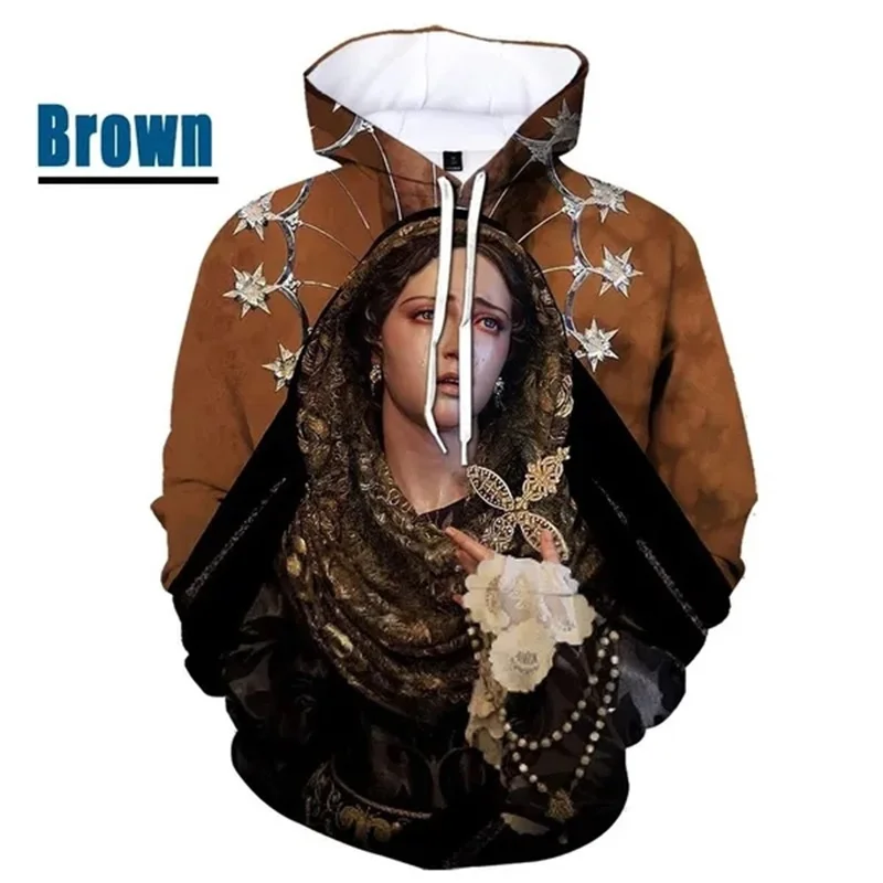 Full Print Christianity Virgin Mary Pattern Hoodies For Men Women Casual Long Sleeves Pullovers Sweatshirt Clothes Sudaderas