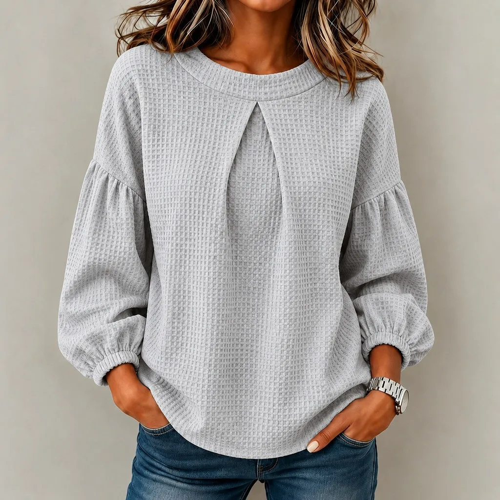 Long Sleeve Round Neck T Shirt Regular Length Elegant Commuting with Loose Fit Casual T Shirts Daily Pullover Summer for Women