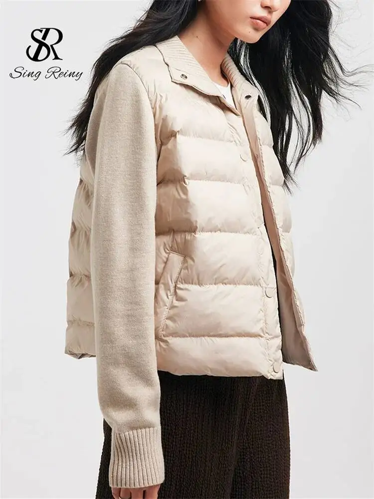 Streetwear Cotton-Padded Jacket Autumn Winter Warm Knit Full Sleeve Splice Coat Simple Casual Commute Ladies Outerwear