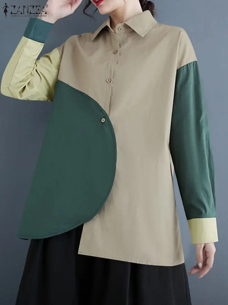 ZANZEA-Blusa de manga larga para mujer, camisa de bloque de color, Tops irregulares de retazos, Túnica con botones de moda coreana, Otoño, 2024