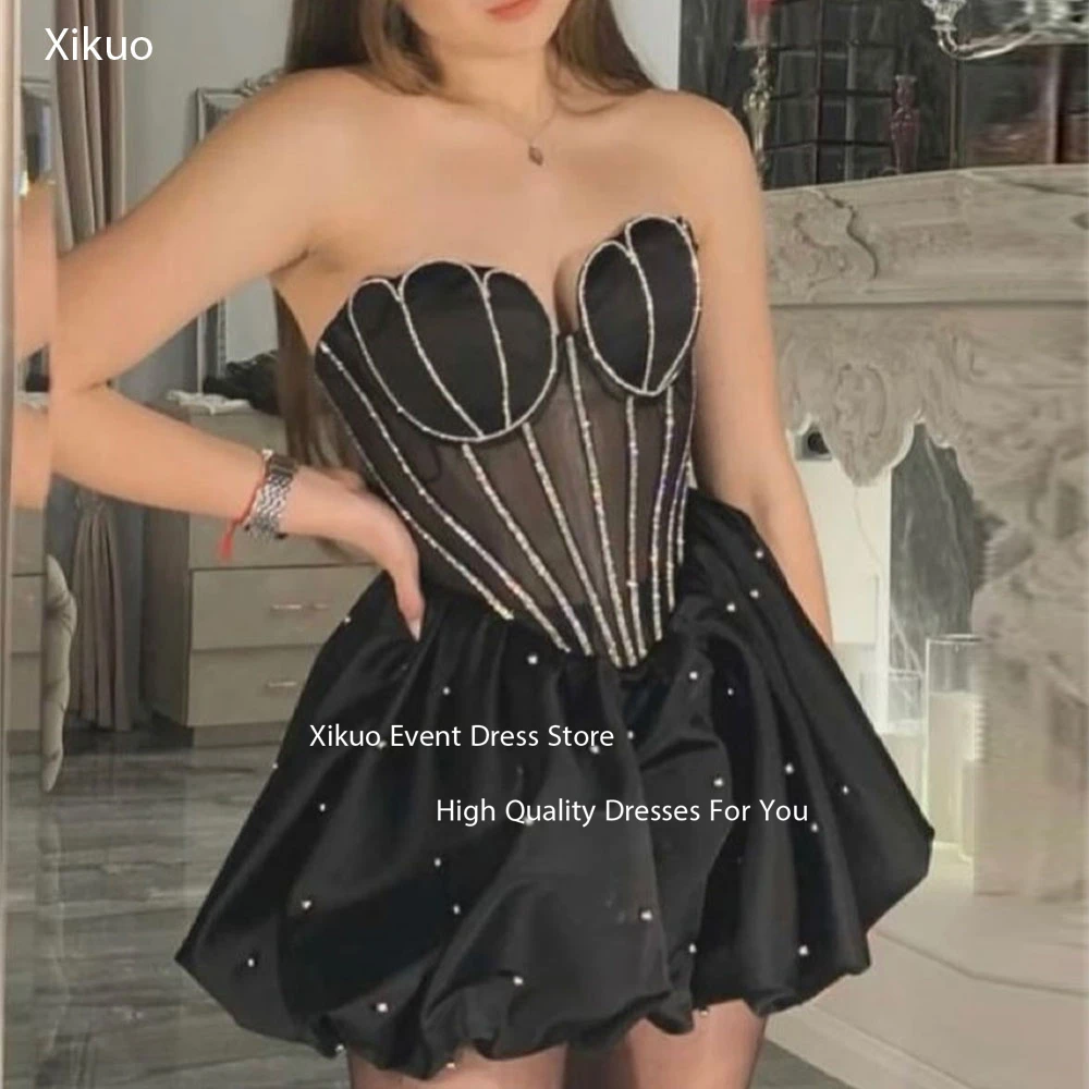 

Xikuo Graceful Satin Black Prom Dresses Sparkly Beaded Crystal Formal Party Dress Illusion Mini Cocktail Dresses Customized