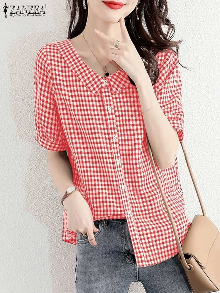 ZANZEA Harajuku Plaid Women Shirt 2024 Summer Sweety Doll Collar Short Sleeve Blouse Korean Fashion Buttons Loose Tops Oversized