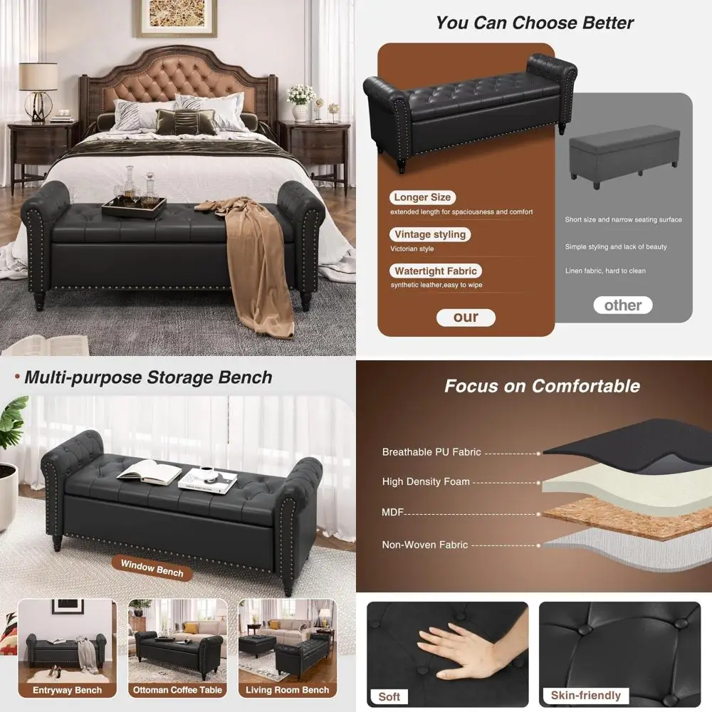 

Скамья для хранения из искусственной кожи с тафтинговой кнопкой, 65-дюймовая скамейка с подставкой для ног на конце кровати для спальни