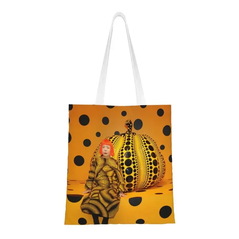 Yayoi Kusama Polka Dot Groceries Shopping Bag Cute Printing Canvas Shopper Shoulder Tote Bag Durable Japanese Artist Handbag