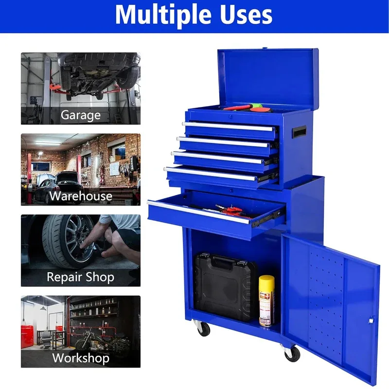 5段引き出し付きローラー式ツールボックス、ポータブルツールボックス、大容量ツールボックス、ガレージ、作業場、家庭用