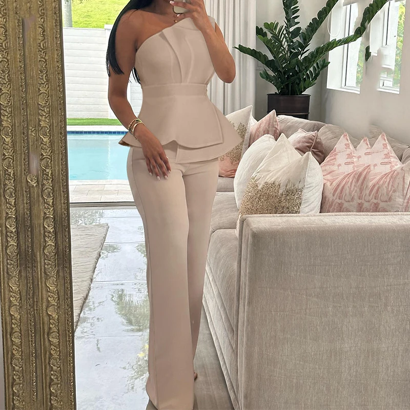 

2024 Fashion Women's Commuting Slim Suit Casual Hollow Solid Outfit Sexy Off Shoulder Sleeveless Top and Long Pants 2 Piece Sets