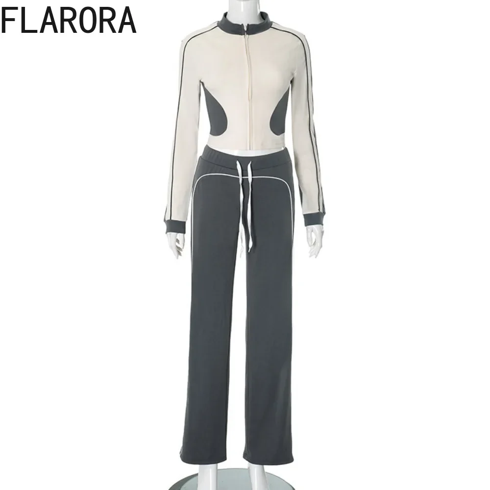 FLARORA-Ensemble deux pièces décontracté pour femme, veste courte à manches longues et pantalon de survêtement, survêtements de rue, patchwork sportif, wstring de proximité, automne