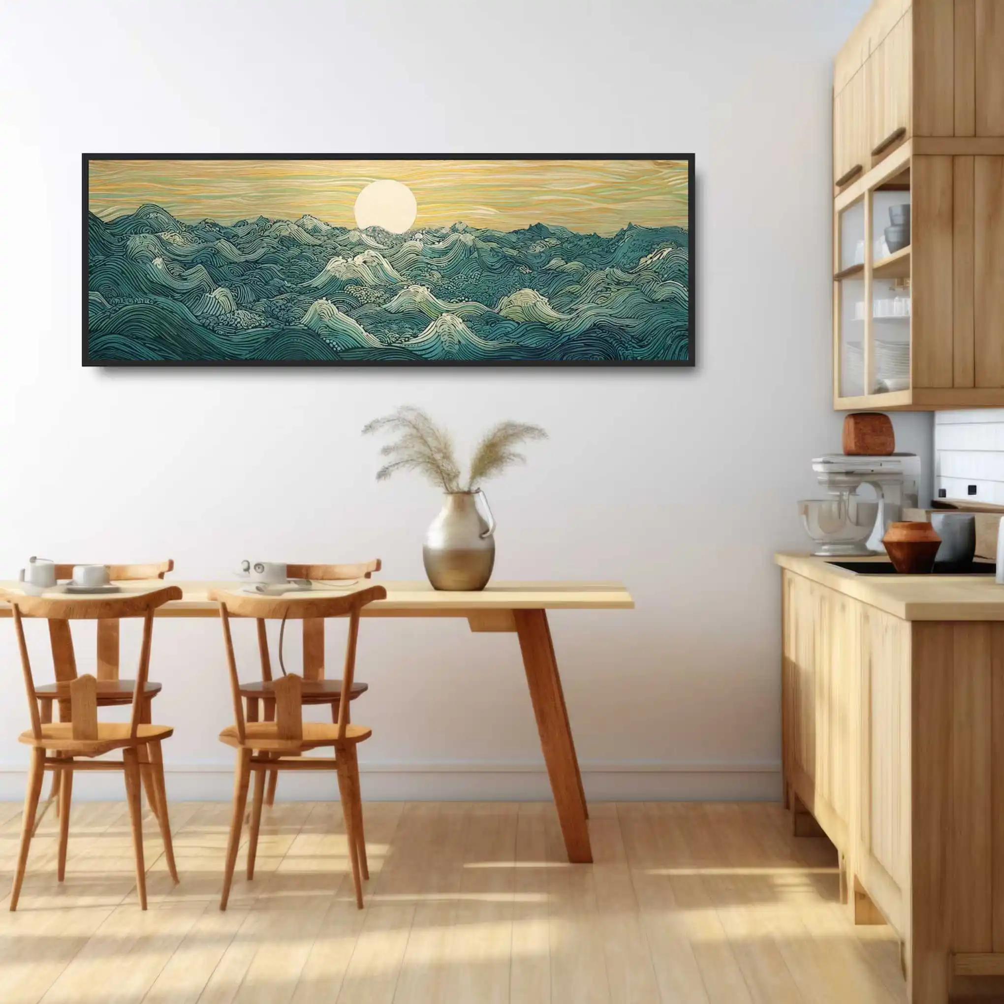 Moon and Waves Japanese Ukiyo-e - Panoramic Seascape Vintage Abstract Wall Art for Home and Dorm Decor, Frameless Canvas Poster