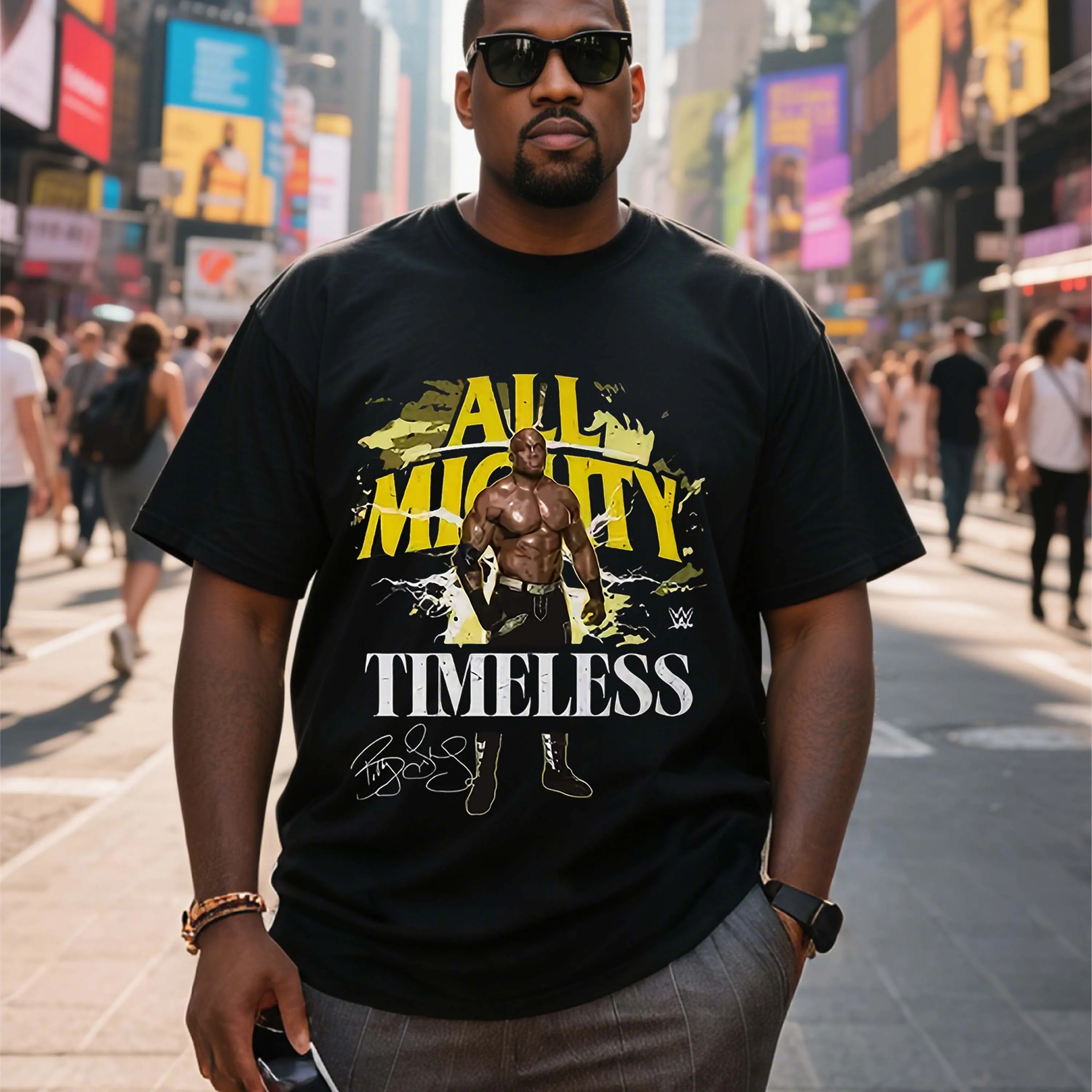 

Черная мужская футболка с короткими рукавами и рисунком борьбы больших размеров «Все мощное вневременное» подходит для летней одежды для отдыха на открытом воздухе