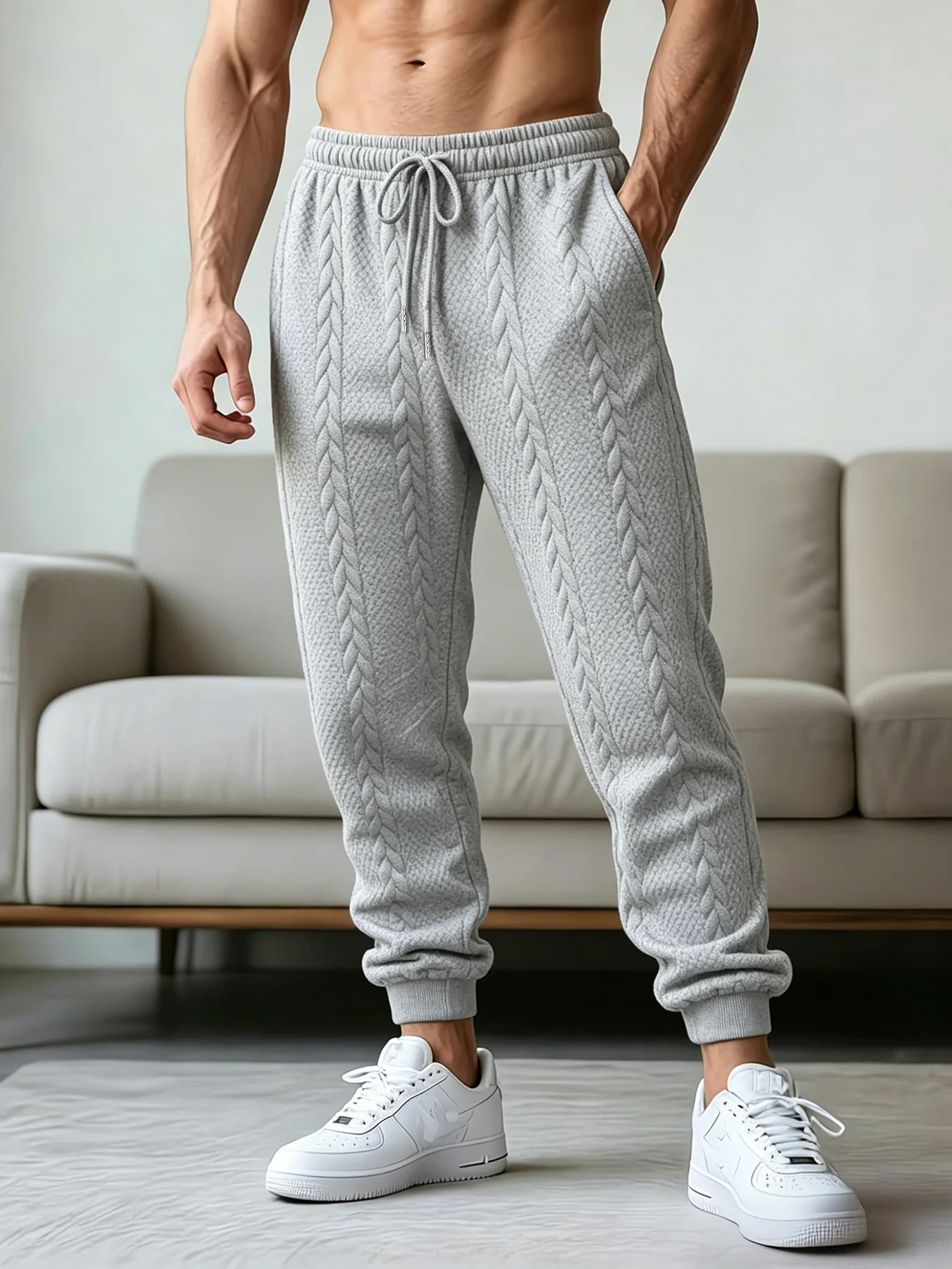 Men Cable Knit Jacquard Jogger Pants Loose Elastic Waist Drawstring Trousers Soild Color Textured Pants With Side Pockets