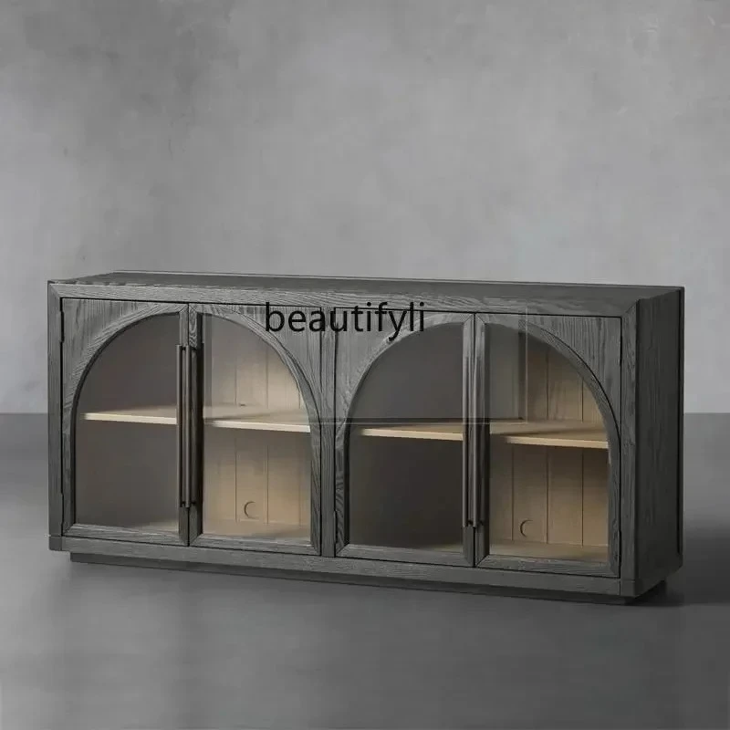 

New style French retro solid wood dining side cabinet, restaurant storage locker, arch wine cabinet integrated against