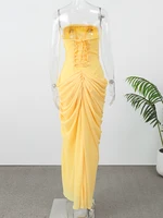 Elegant Strapless Pleated Dress Yellow Women Chic Sleeveless Waist Cinching Split Maxi Gowns Lady Evening Party Vestidos 2026 - Image 6