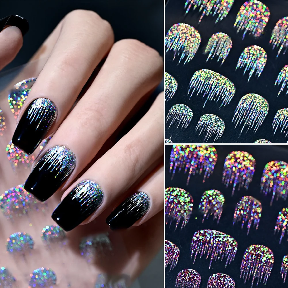 Pegatina holográfica 5D para uñas con purpurina láser, fuegos artificiales, arcoíris, línea francesa, calcomanías para uñas, borla colorida, deslizador de manicura autoadhesivo