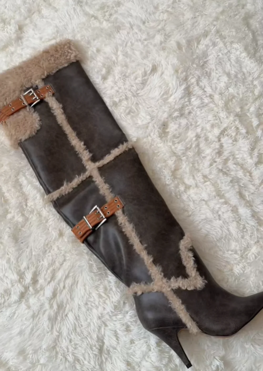 الزيتون الأخضر أشار تو الجلود الإفراط في الركبة الأحذية الصوف تقليم سليم خنجر كعب براون مشبك لهجات الشتاء الأحذية الدافئة #3