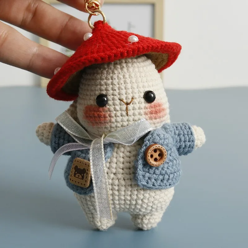

Cute Mushroom Rabbit Crochet Keychains Handmaking Crochet Cartoon Rabbit Doll Keyrings Pendant Hand Knitted Animal Doll For Gift