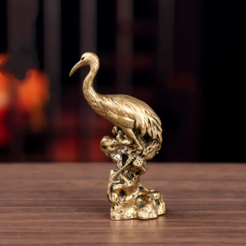 Retro Brass Chinese mini Crane Figurine, Zen Tea Table Pet Ornament, Meditation Shelf Decor & Collectible Handicraft