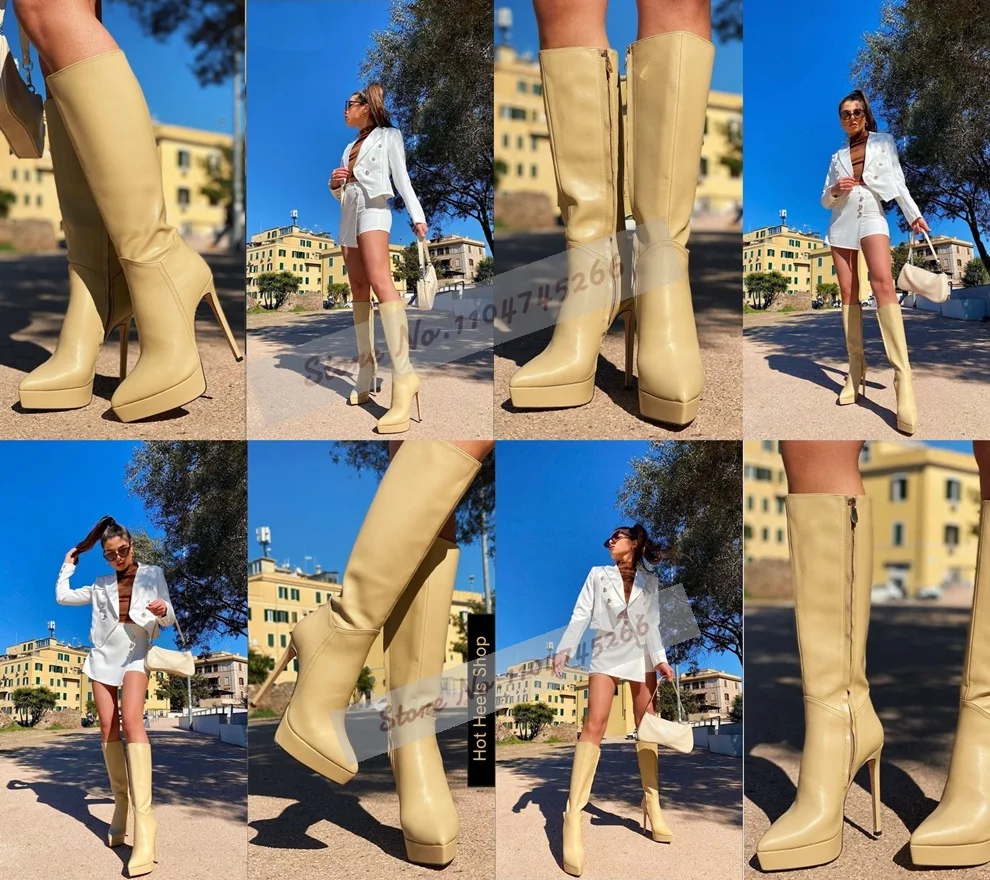 Nude Matte Thin High Heel Platform Knee High Boots Pointed Toe Elegant Stilettos Tall Boots Fall Winter Outside Dress Shoes