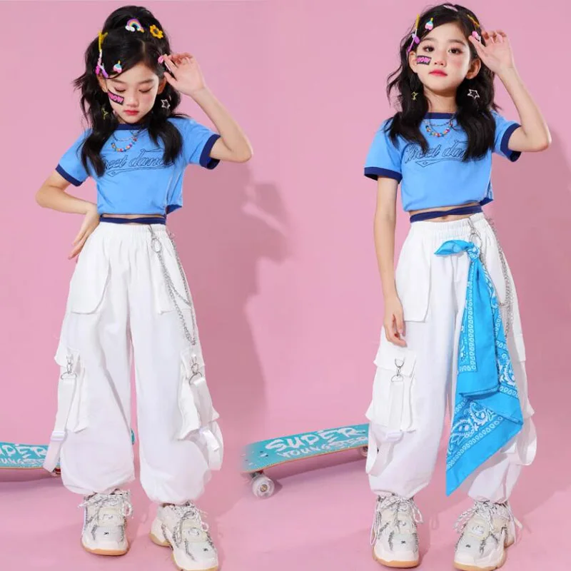 Girls Hip Hop Outfits Crop Tops Cargo Pants Children Streetwear Clothes Sets Kids Mini Shorts Street Dance Jazz Showing Costumes