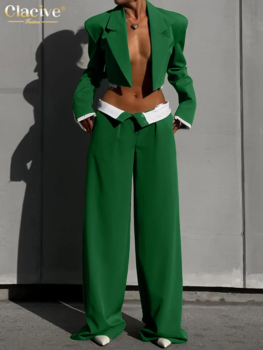 Clacive Sexy Loose Green 2 Piece Sets Women Outfit Fashion Long Sleeve Crop Shirt With Low Waist Wide Leg Pants Set Streetwear