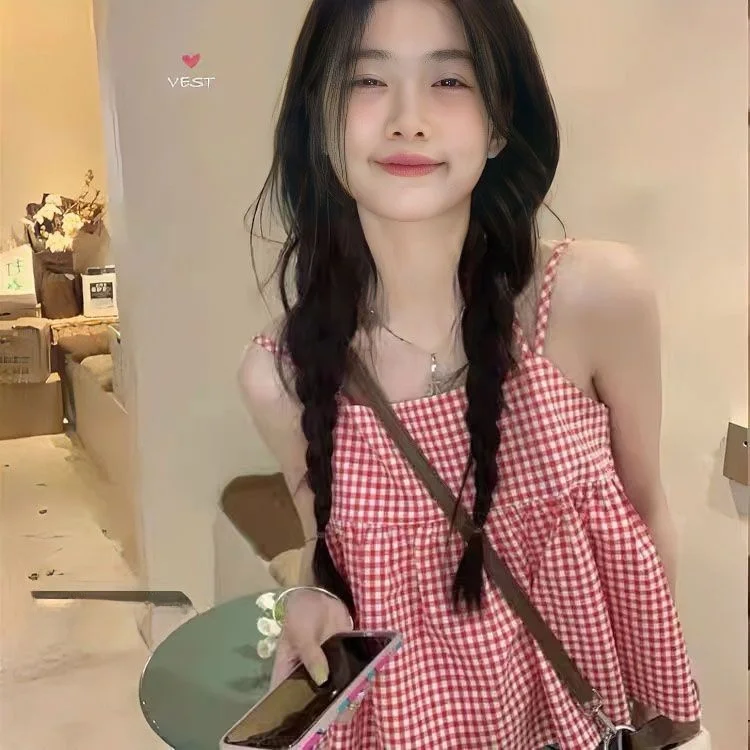 Beach Sweet Cute Plaid Strap Vest Women Summer Outdoor Loose Design Sense Sleeveless Fluffy Top Original Design Asymmetrical