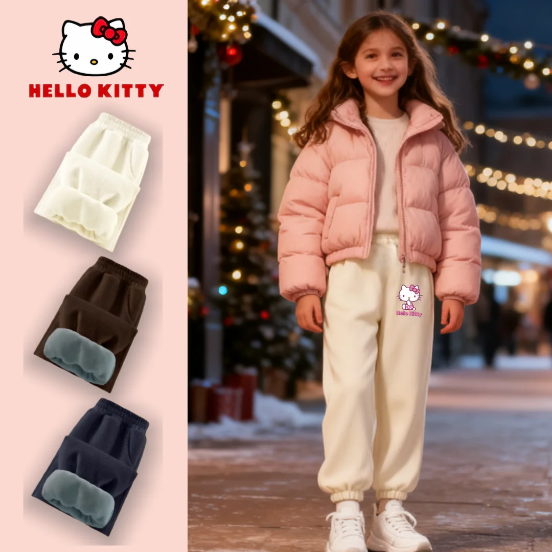 

Детские вельветовые брюки с плюшевой подкладкой Hello Kitty, осенне-зимние морозостойкие ветрозащитные спортивные штаны с милым принтом, утепленные брюки