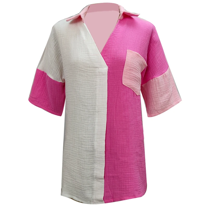 Casual Loose ort Sve V-Ne Button-Up irt Women's Summer Faion Street Sle Patchwork Color Blo ket Design Top