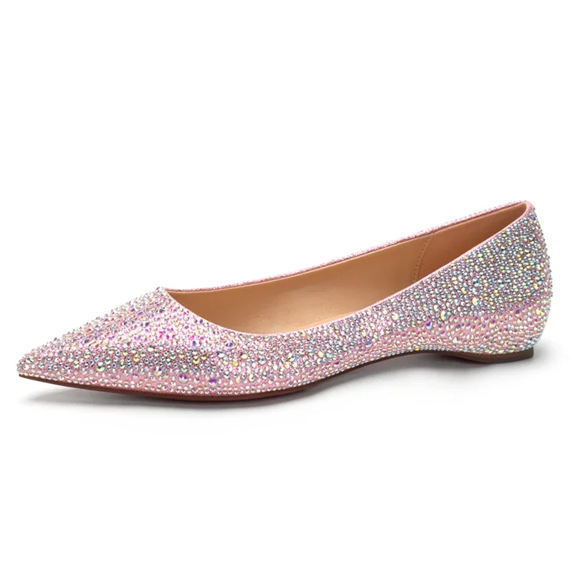 New rhinestone pointed shoes flat sole single shoes for women with increased height inside, full diamond crystal wedding shoes