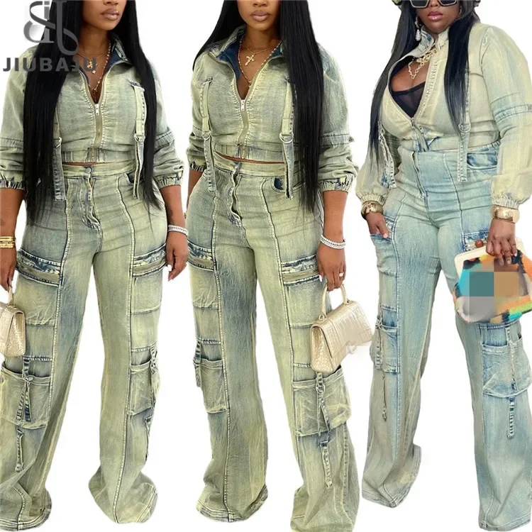 Fashion Denim Women's Set Jacket and Pocket Cargo Jeans Pants 2024 Street Two 2 Piece Sets