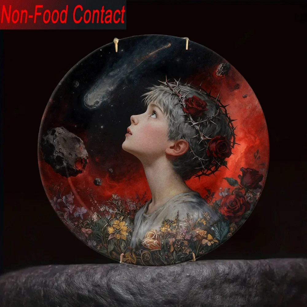 1pc Ceramic Decorative Plate - Non-Food Contact Safe, Elegant Floral & Starry Night Design with Thorny Roses, Round Tabletop