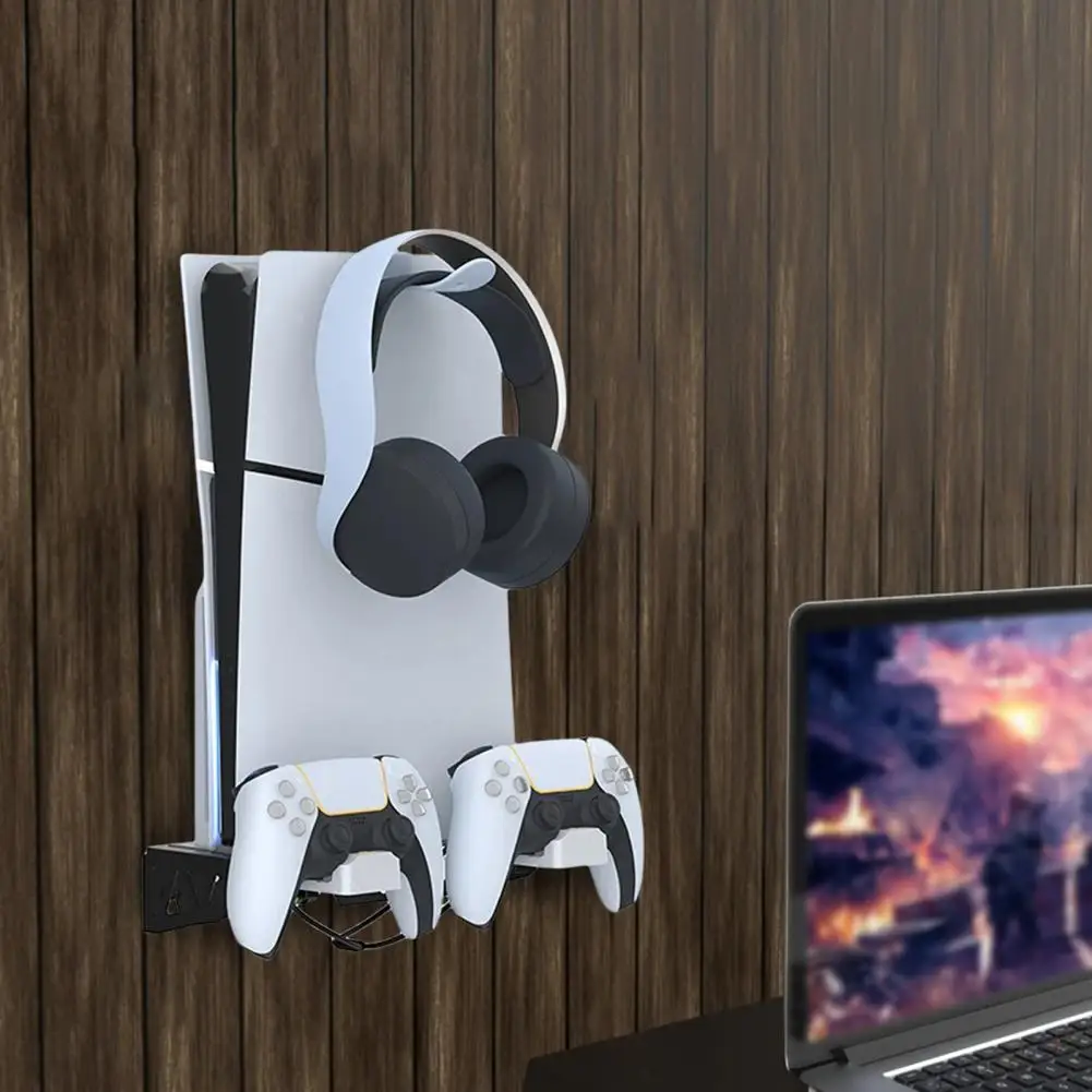 Charger Vertical Stand Ps5 Slim Wall Mount Bracket Game Console Stand Holder with Controller Charger Headset Hanger Strong