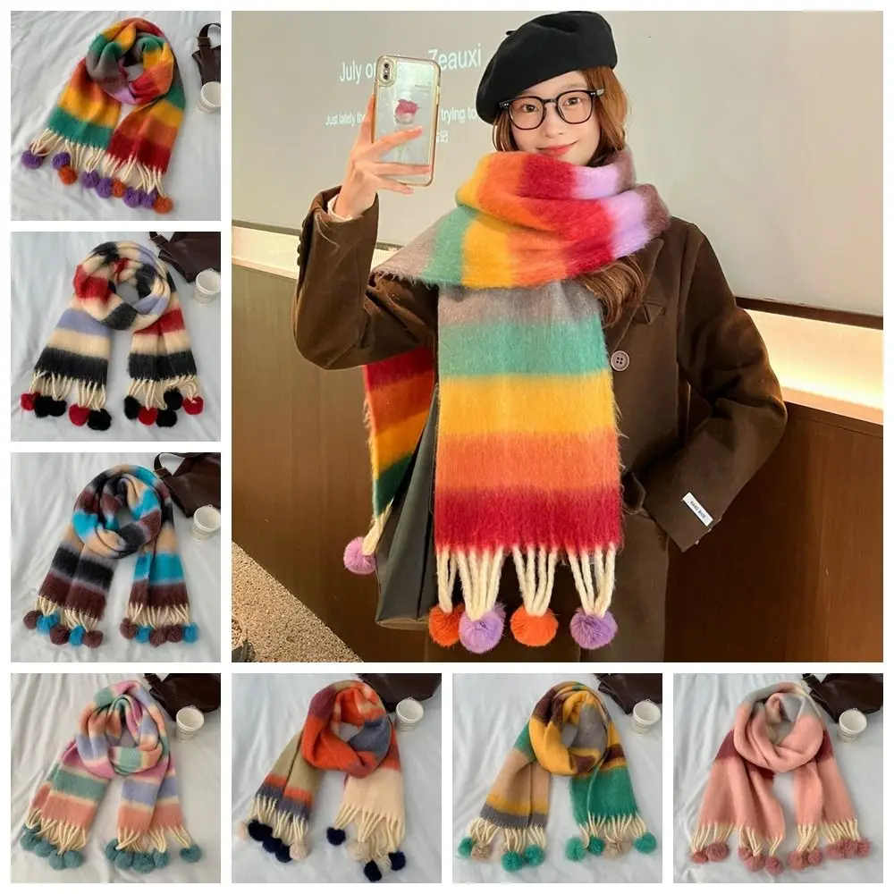 Quaste Regenbogen gestreiften Schal Streifen Haarball Winter Kaschmir Schals Wolle Schals koreanischen Stil Schals Mohair langen Schal