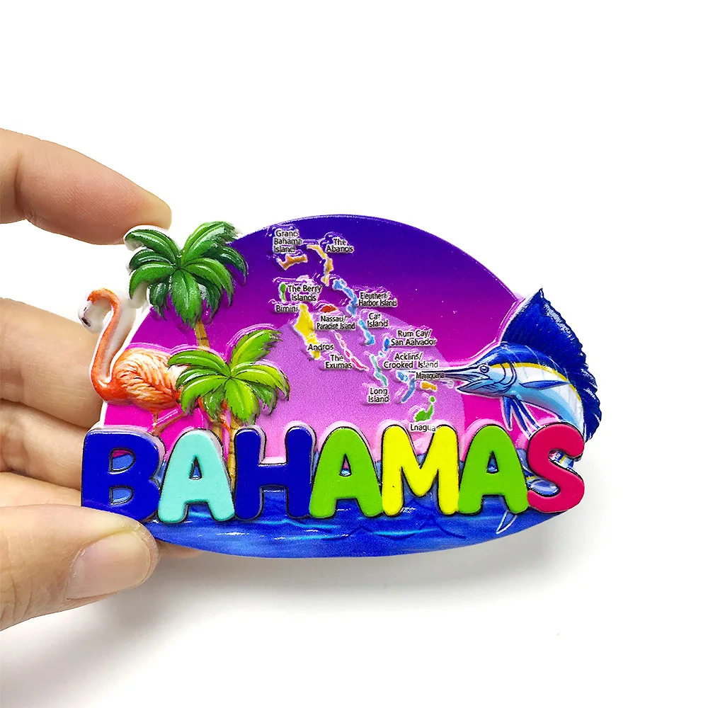 

Bahamas 3D Resin Fridge Magnet, Map & Flamingo Landmark