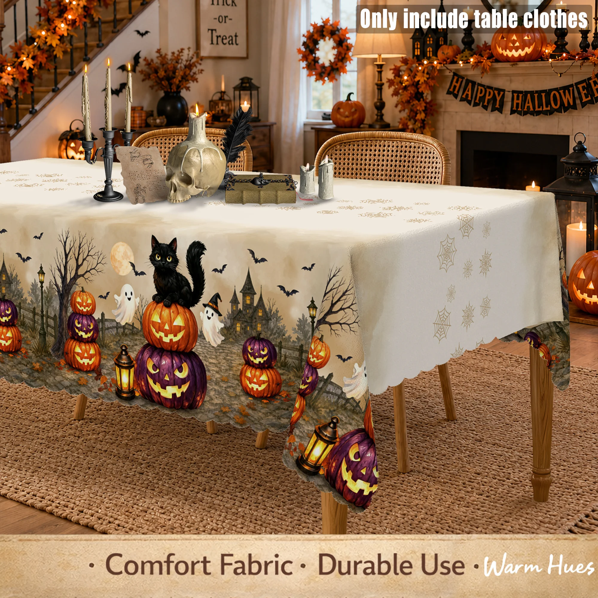 1 piece, vintage Halloween black cat tablecloth, with a black cat standing on a pile of pumpkins.