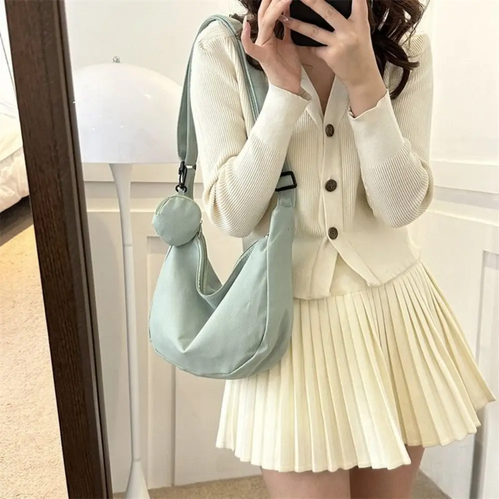 Korean Style Lightweight Shoulder Bag Cream Color Solid Color Canvas Bag with Coin Purse Messenger Bag Large Capacity