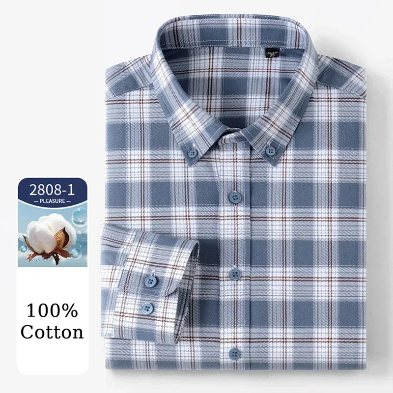 TFETTERS Brand 2026 Spring Plaid Dress Shirts Men 100% Cotton Casual Long Sleeves Shirts Man Fine Plain Cloth Camisas De Hombre