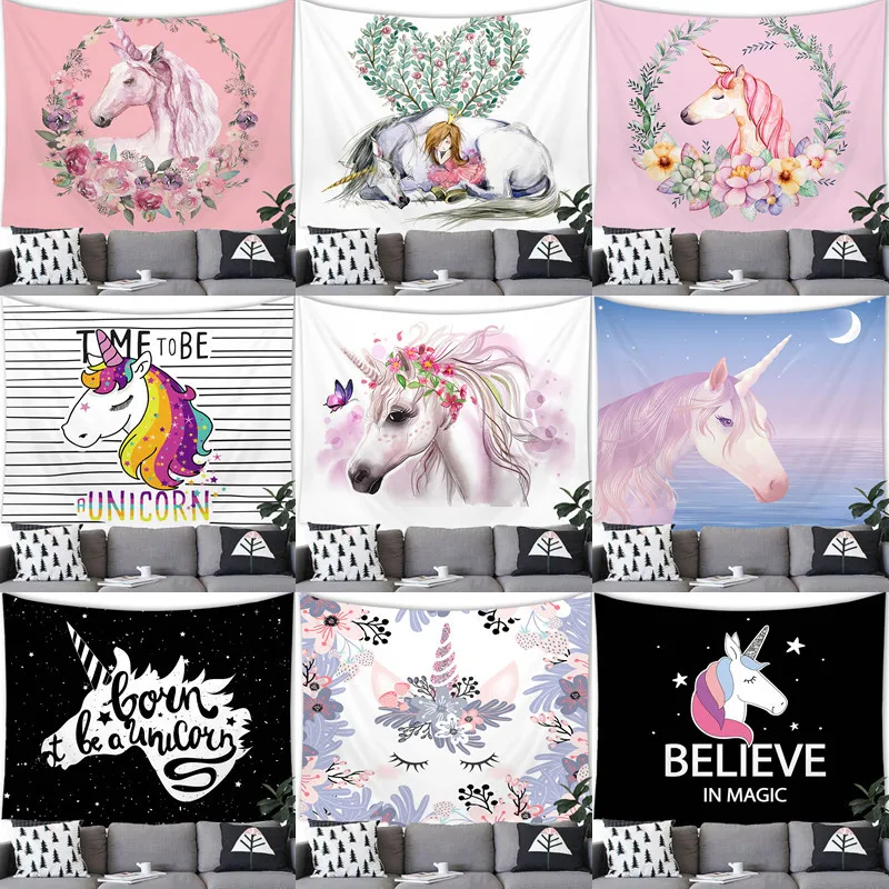 Dreamy cartoon unicorn digital-printed polyester tapestries living rooms bedrooms macrame wall hanging room decor aesthetic