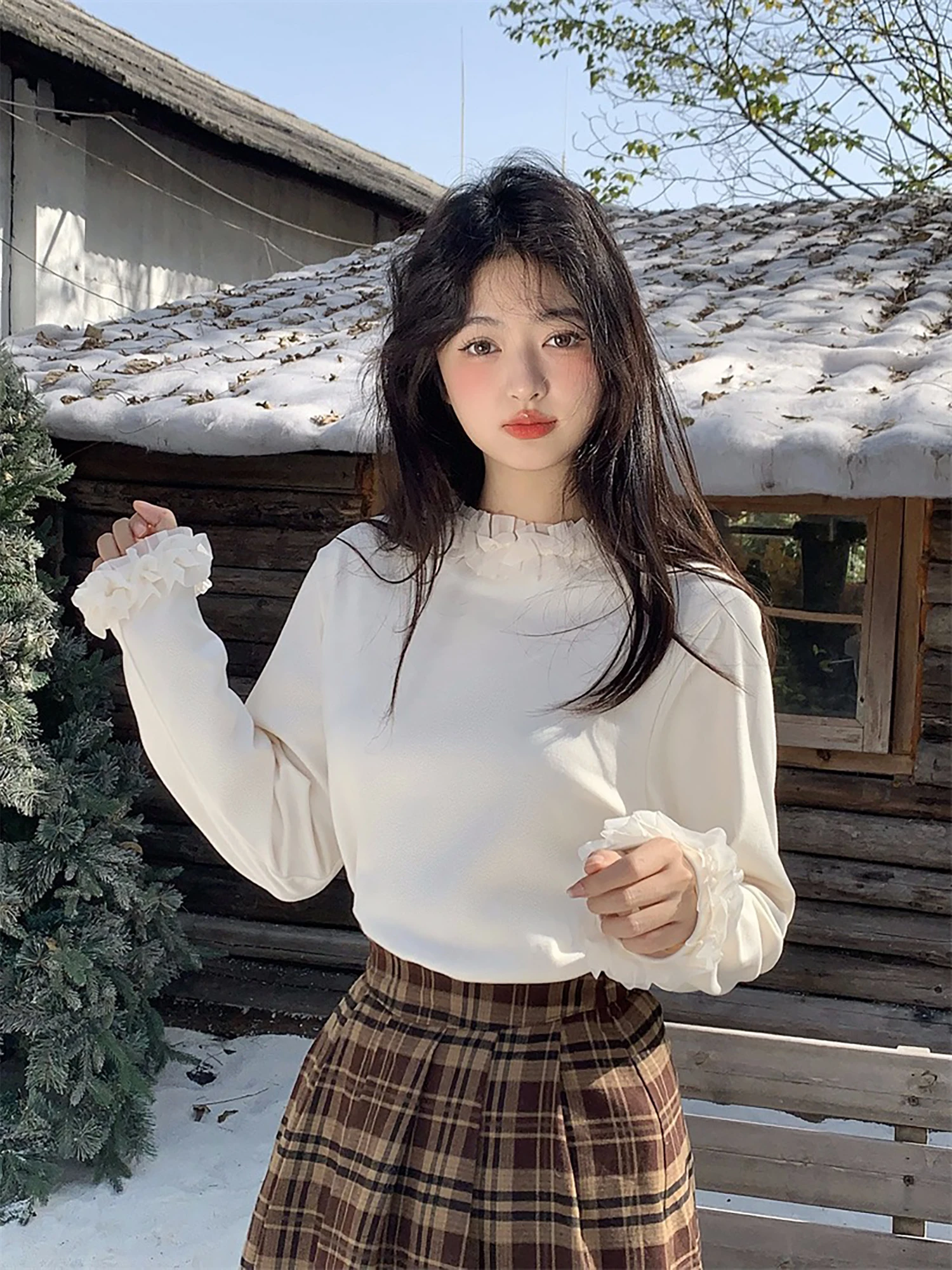 

Vanwenwen Sweet Heart Private Language Pure Color Long Sve Versatile Base Layer Top Women Winter Gentle Sle Inner Wear B...