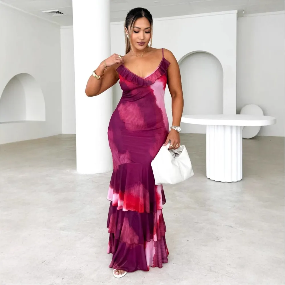 Sexy corpo-abraçando impresso halter vestido moda feminina em camadas babados fishtail vestidos fino e elegante feminino festa robe vestido